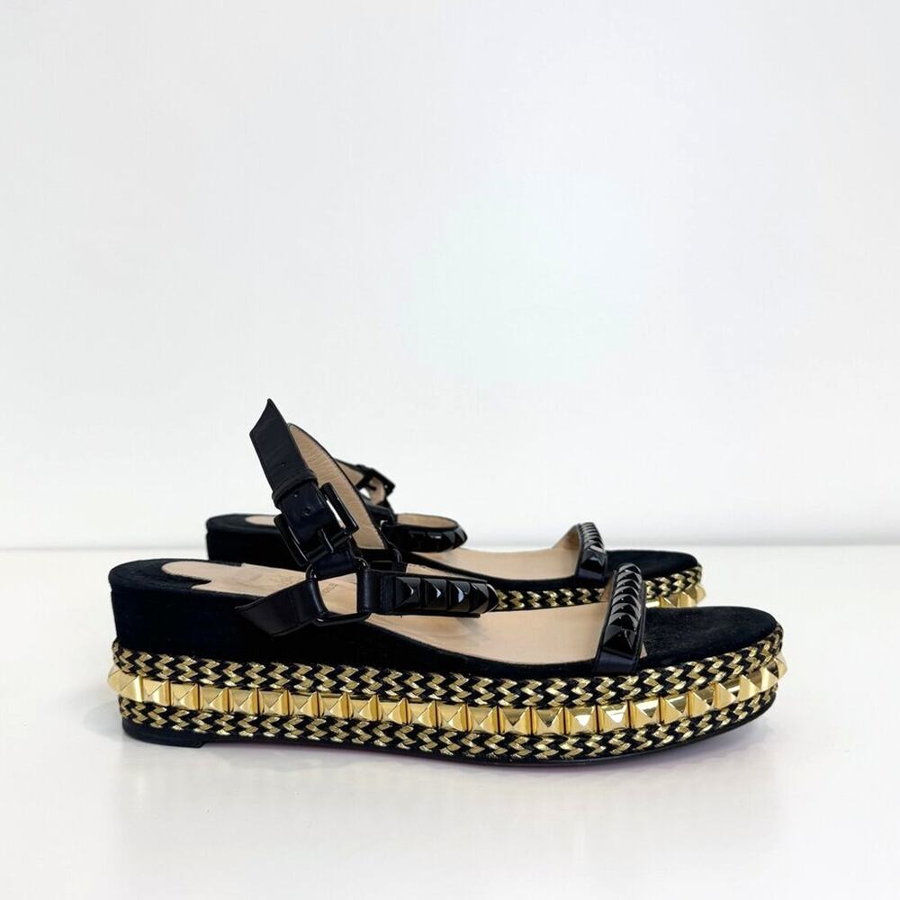 Christian Louboutin Pyraclou Black Suede Gold Studs Espadrille Sandals 40 Shoes